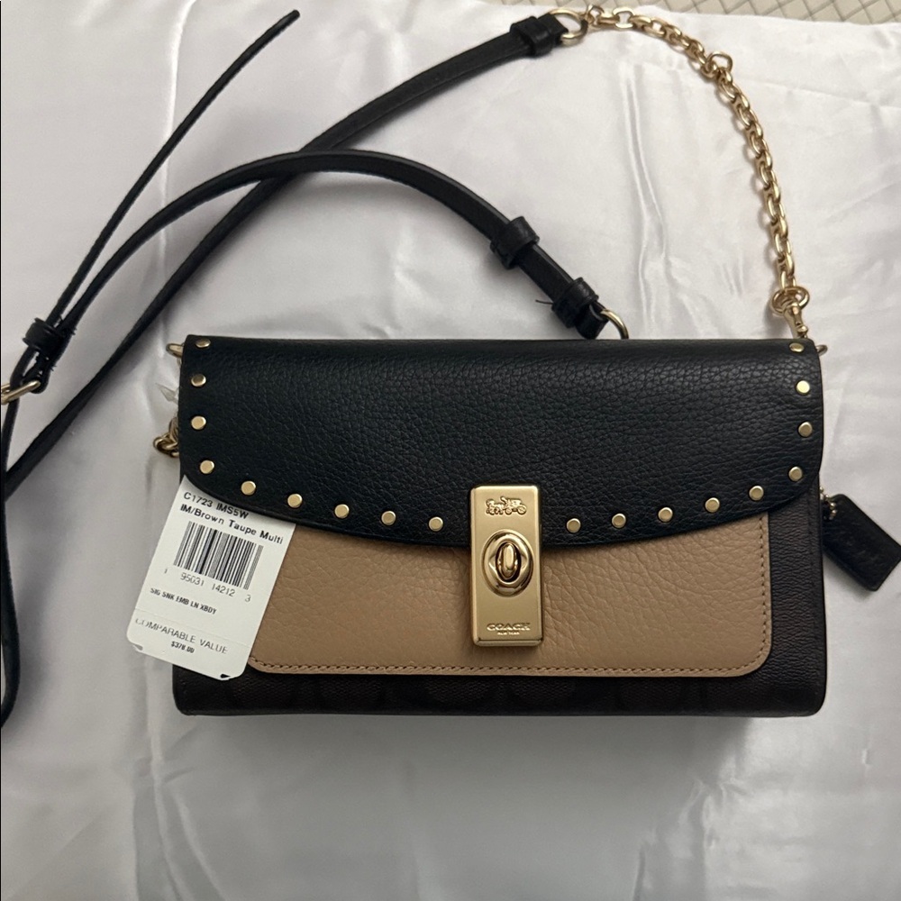 Coach Black and Tan Crossbody Bag with Gold Accents,leather C1723 sig snk emb Ln